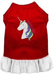 Unicorns Rock Embroidered Dog Dress Red with White Lg (14)