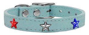 Red, White and Blue Star Widget Genuine Leather Dog Collar Baby Blue 10