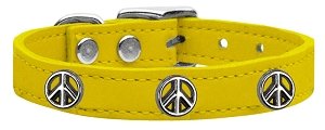 Peace Sign Widget Genuine Leather Dog Collar Yellow 10