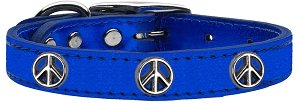 Peace Sign Widget Genuine Metallic Leather Dog Collar Blue 10