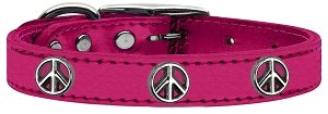 Peace Sign Widget Genuine Metallic Leather Dog Collar Pink 10