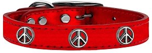 Peace Sign Widget Genuine Metallic Leather Dog Collar Red 10