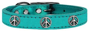 Peace Sign Widget Genuine Metallic Leather Dog Collar Turquoise 10