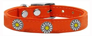 White Daisy Widget Genuine Leather Dog Collar Orange 10
