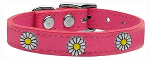 White Daisy Widget Genuine Leather Dog Collar Pink 10
